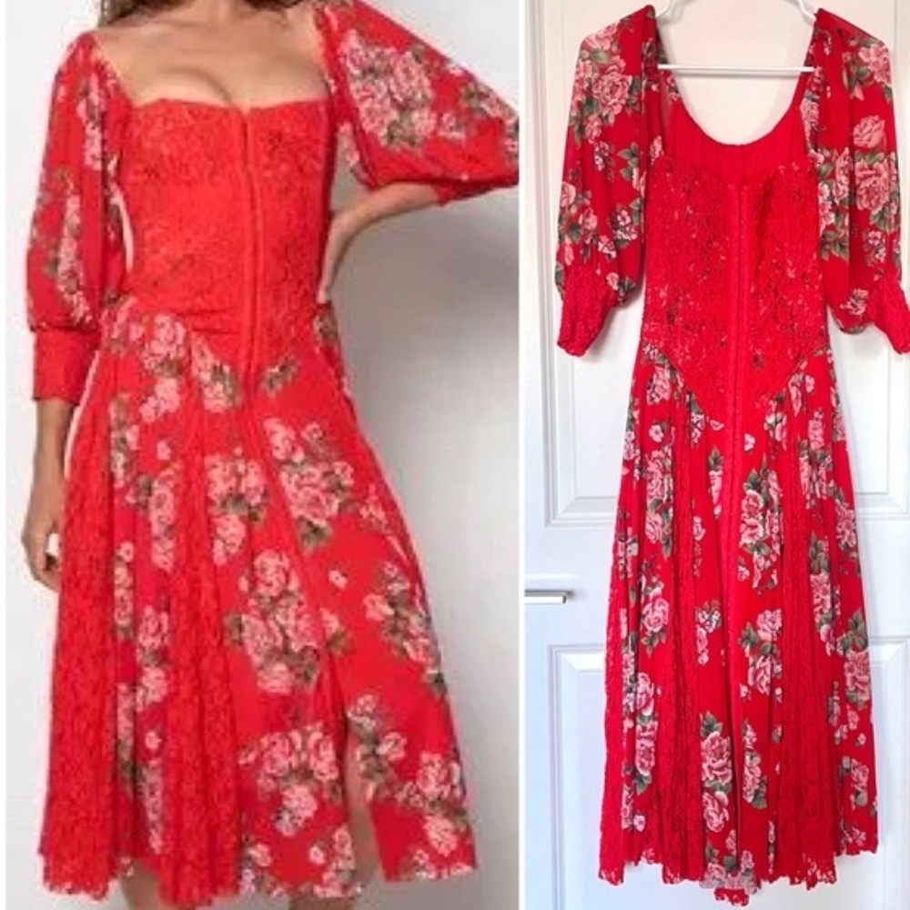 We Are Hah Red Floral Midi Dress with Sweetheart Neckline